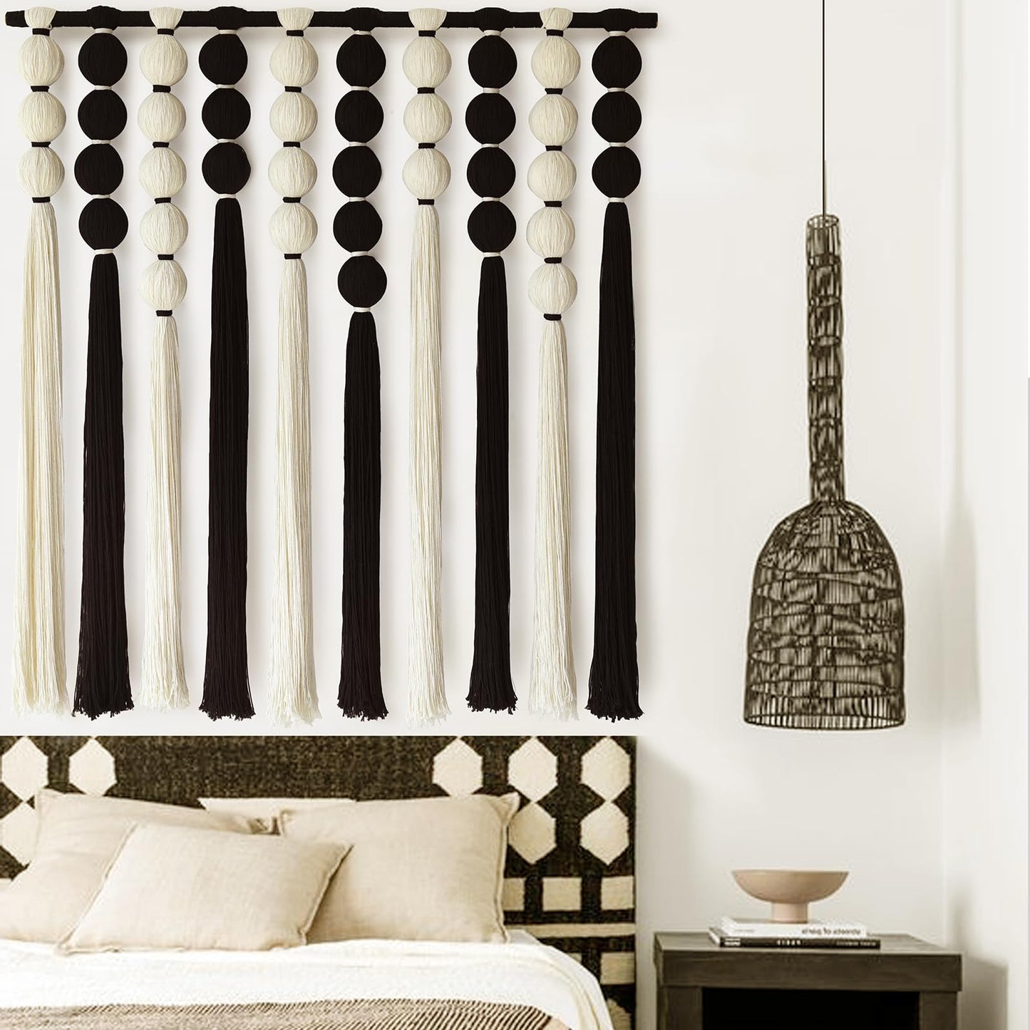 IOWER Large Macrame Wall Hanging Macrame Wall Decor Black and White Sphericity Cotton Textile Wall Hanging Boho Wall Decor Art Fiber Yarn Art Handmade 39" Wx39 L