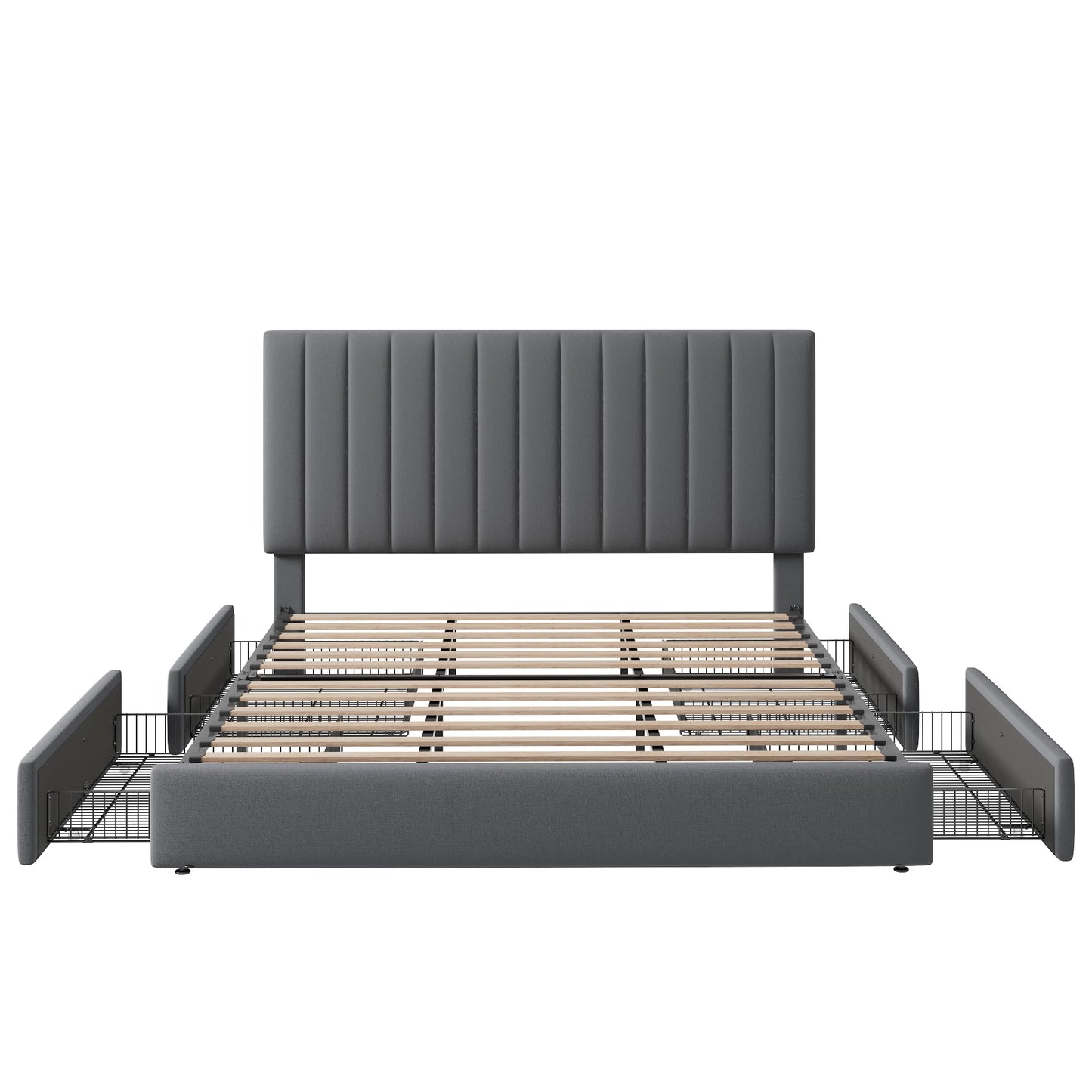 Allewie King Size Storage Bed Frame, Vertical Channel Tufted Adjustable Headboard, Velvet Upholstered Platform Bed with 4 Oversized Underbed Drawers, Wooden Slats Support, No Box Spring Needed, Grey