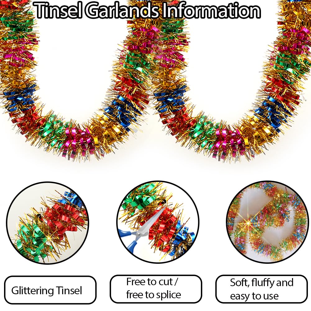 33Ft Christmas Tinsel Garland Shiny Thick Tinsel Decor Xmas Tree Decorations Metallic Twist Foil Garland for Birthday Teachers' Day Thanksgiving Day Indoor Outdoor Party Supplies - Colourful 2