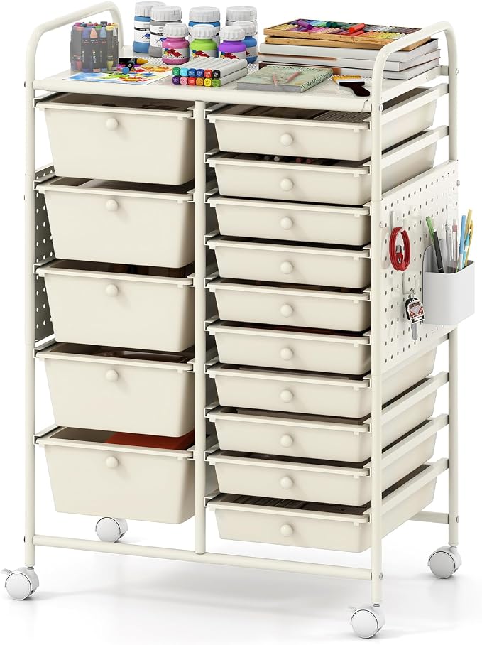 Giantex 15 Drawer Storage Cart, Rolling Craft Cart with Metal Tabletop & Pegboard, Mobile Utility Organizer Trolley with Locking Wheels, Home Office, Ivory