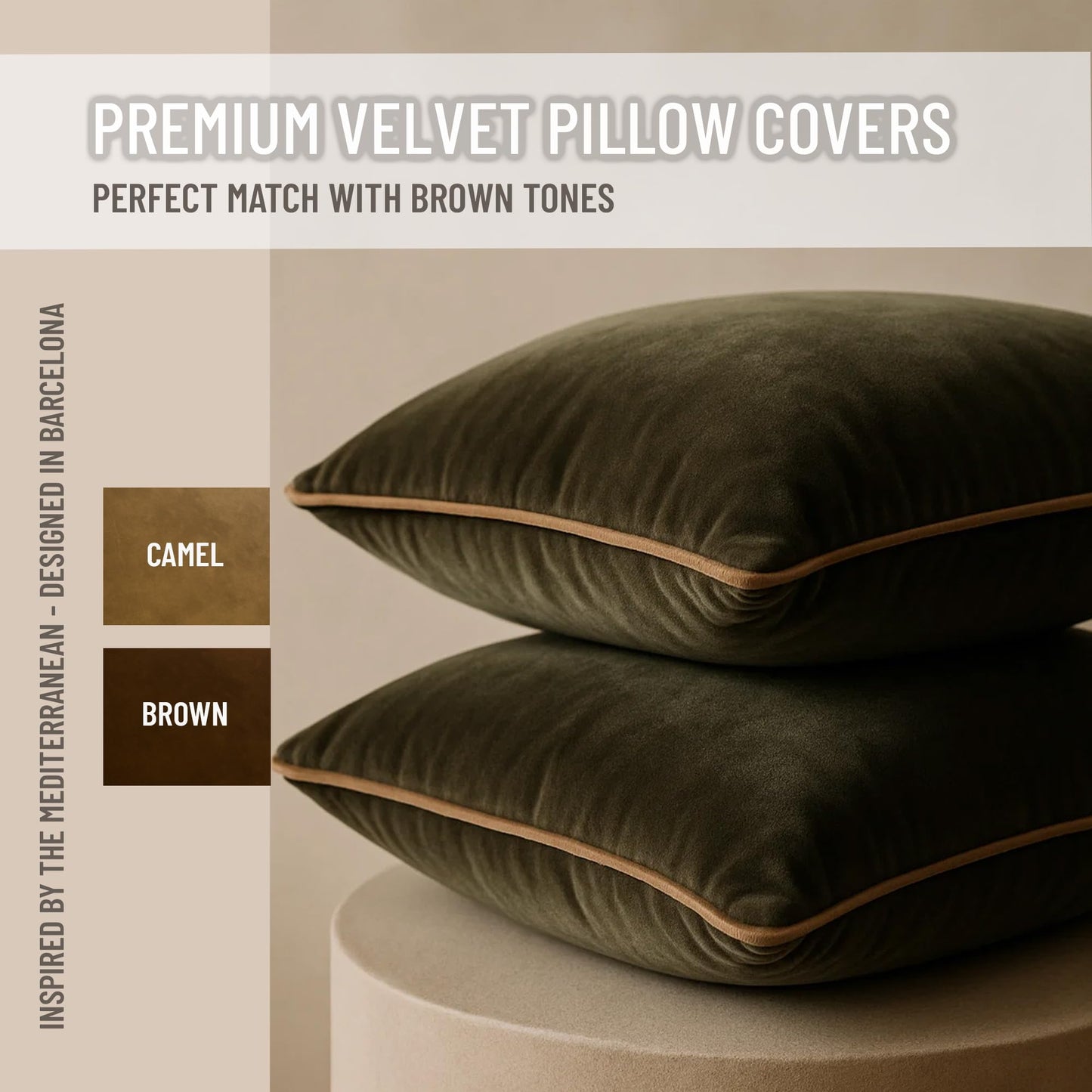 Blau Marité 2 Pack Velvet Decorative Throw Pillow Covers, 18"x18", Green and Camel, Solid, Modern, Contrast Piping, Indoor Use, Bedroom & Living Room