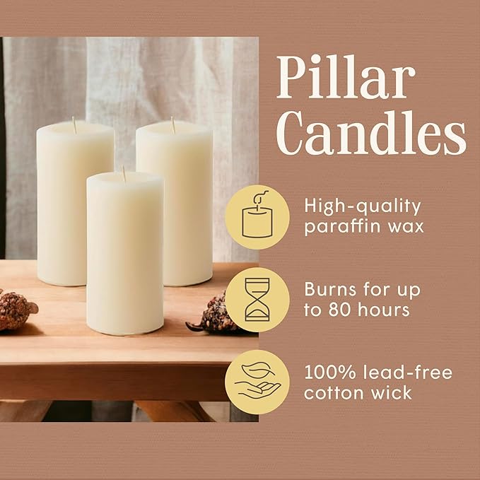 Mister Candle Dripless Unscented Ivory Pillar Candles Hand Poured, Solid Color Non-Scented Candles for Home Decor, Premium Wax, 80 Hr Burn Time, 3x6 Inch