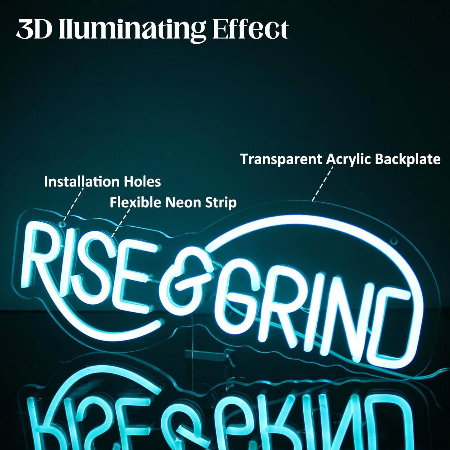 Rise & Grind Neon Sign Hustle LED Neon Signs for Wall Motivational Decor Ice Blue Letter Neon Light Inspirational Neon Wall Art Light Up Signs for Bedroom Office Gym Sports Room Man Cave Decor