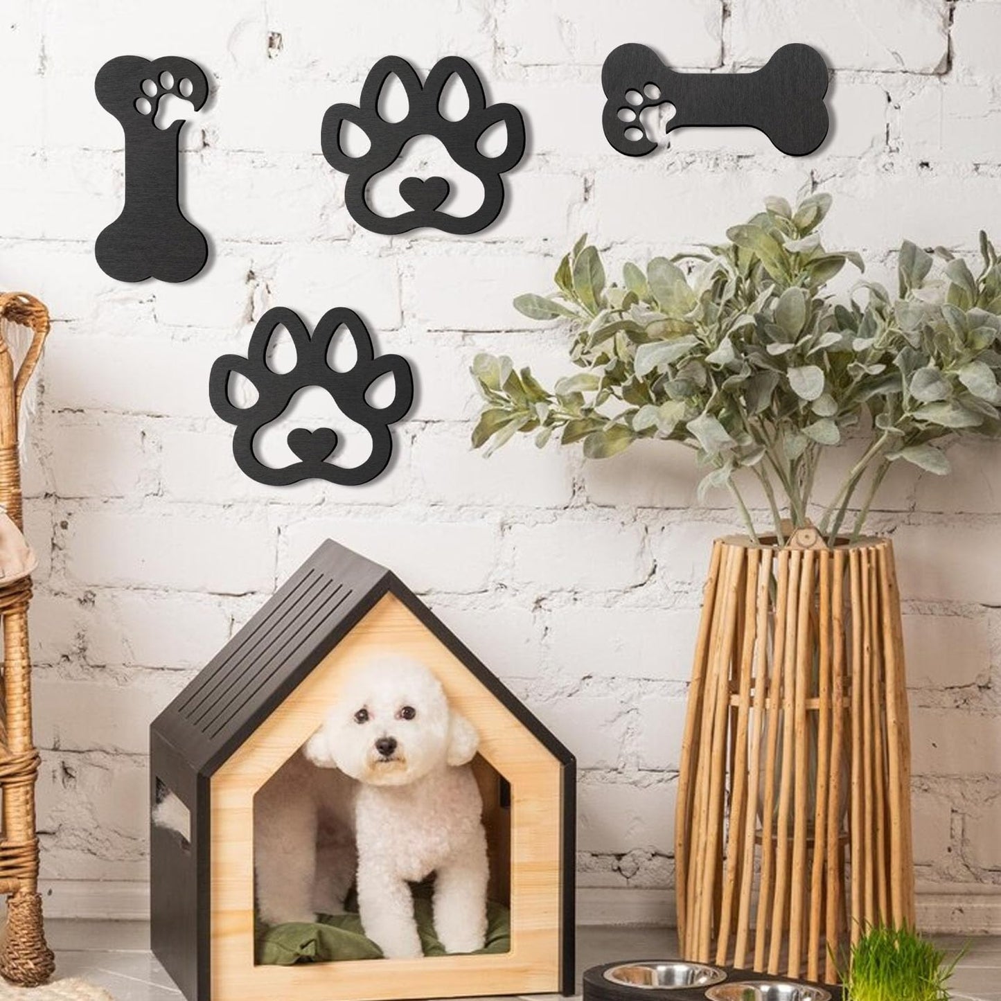 OYEFLY 4 Pcs Dog Room Decor,Wood Black Paw Prints Wood Wall Art (style 2)