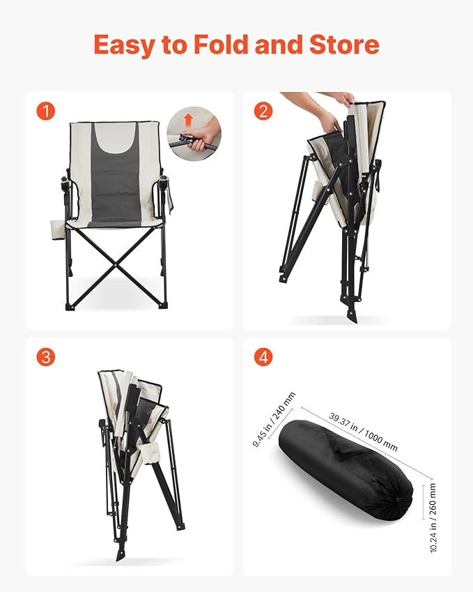 VEVOR Folding Camping Chair, 3 Reclining Positions, Outdoor High Back Camping Chair, 260lbs Weight Capacity, Full Padded Beach Chairs with Armrest & Headrest, Portable Lawn Chairs for Sports Travel