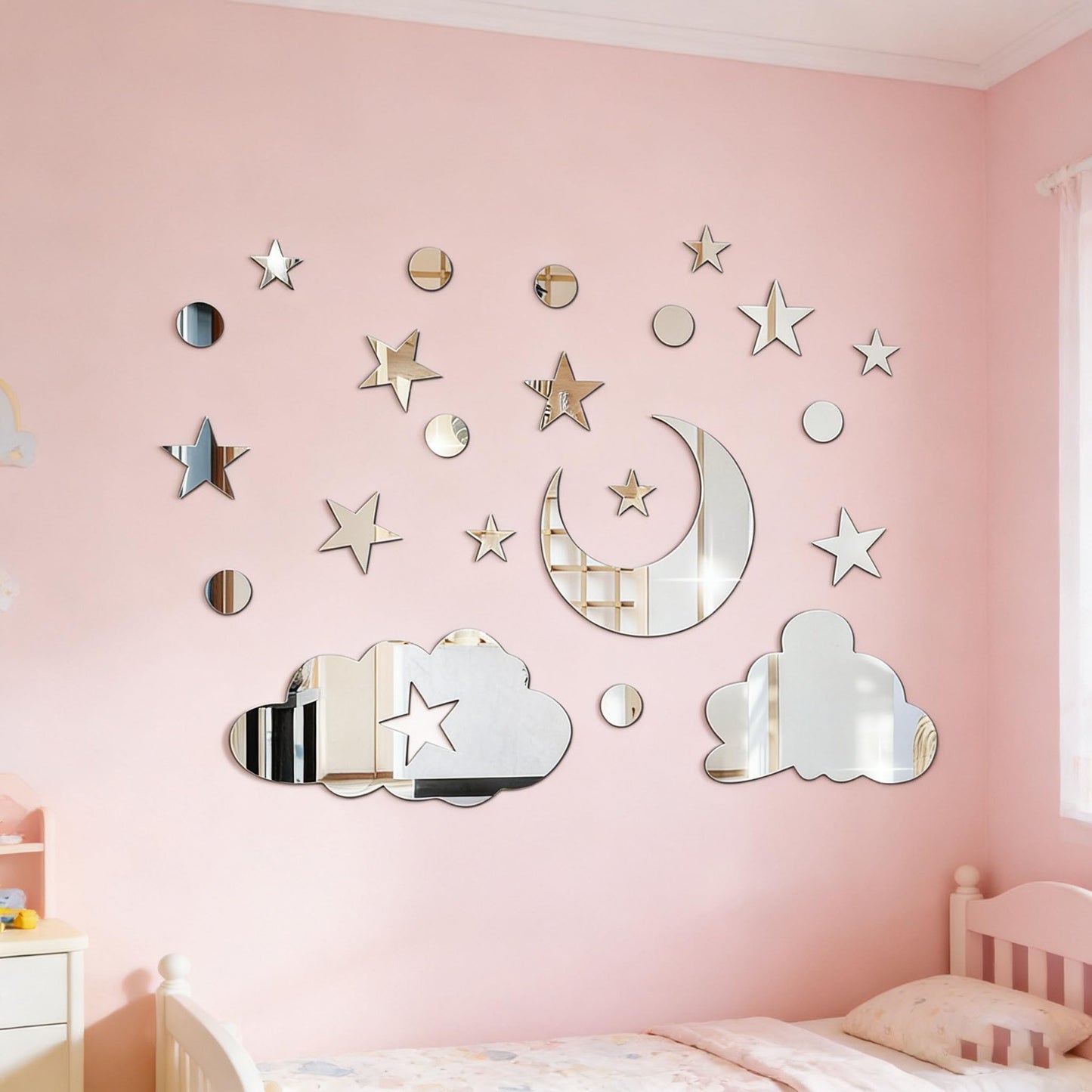3D Moon Cloud Star Mirror Wall Decor,Star DIY Art Wall Decals Self Adhesive Decorative Stickers Decals for Kids Baby Nursery Living Room Bedroom Children's Room Playroom Decorations