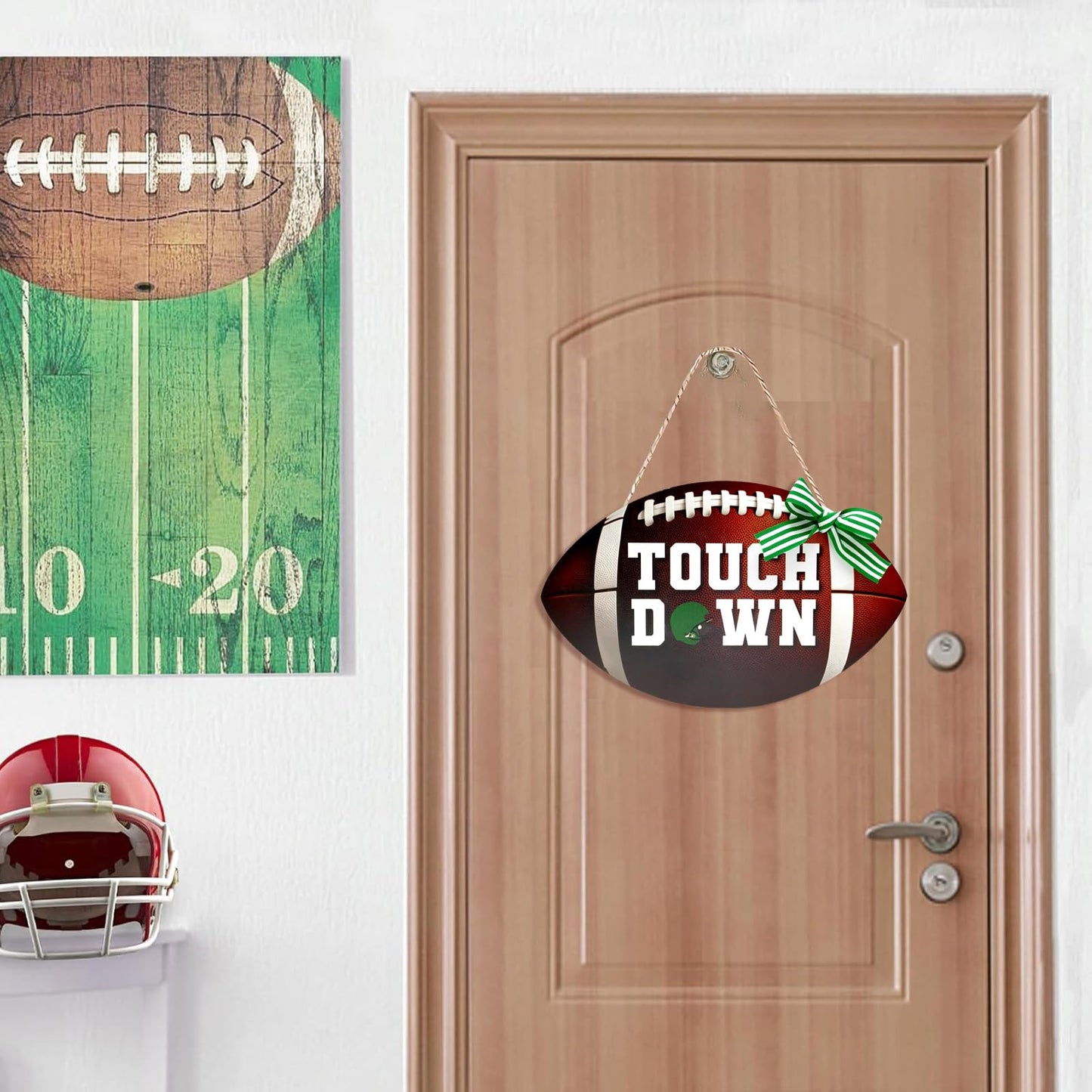 Football Touch Down Sign for Front Door Football Wooden Hanging Sign with Burlap Bow Football Season Wall Decor Farmhouse Football Rustic Wooden Wreath for Home Decorations