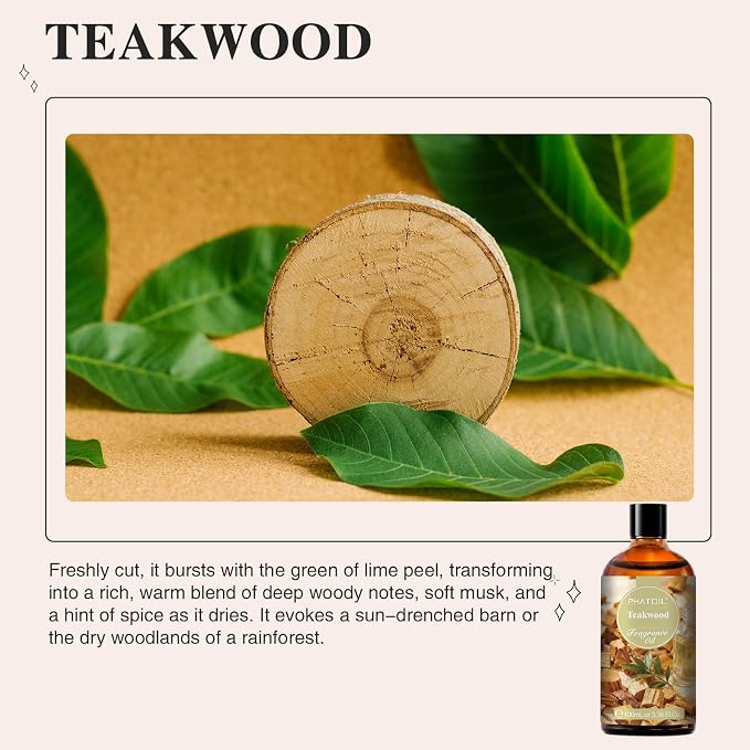 PHATOIL 3.38FL.OZ Teakwood Fragrance Oils for Aromatherapy, Essential Oils for Diffusers for Home, Perfect for Diffuser, Yoga, Skin Care, DIY Candle and Soap Making - 100ml
