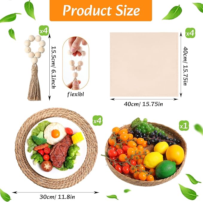 4 Sets Boho Decoration Placemats Round Woven Placemats, Cloth Napkins, Wood Bead Napkin Rings, Long Table Runner and Farmhouse Burlap Cotton for Table Kitchen (White,12x72)