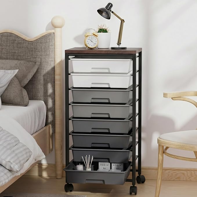 Rolling Cart with 8 Drawers, Storage Drawers Cart with Wooden Tabletop and Lockable Wheels, Craft Storage for Living Room, Office, Classroom, Craft Room, Bedroom (Gray)