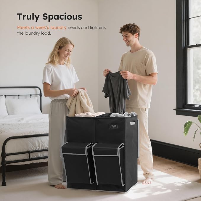 SOLEDI Double Laundry Hamper with Lid, 47.8 Gal (180L) Large Laundr Basket 2 Section with 2 Side Pockets, Dirty Clothes Hamper with Removable Bag, Easy to Carry for Laundry Room, Bedroom, Black