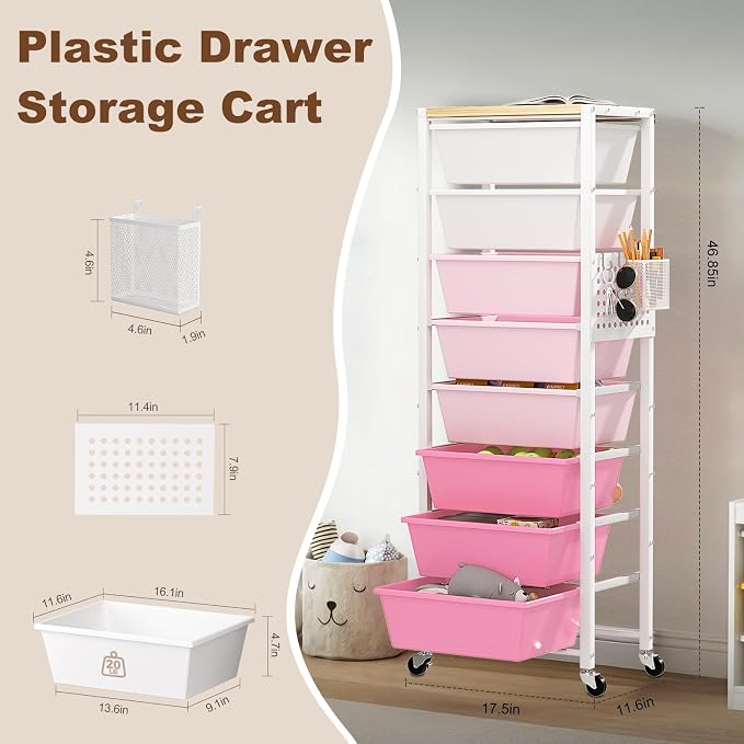 Rolling Cart with Drawers, Rolling Storage Cart with Large Plastic Drawers & Wooden Tabletop, Utility Cart with Pegboards & Basket, Storage Drawers Cart for Living Room, Classroom, Bedroom, Office