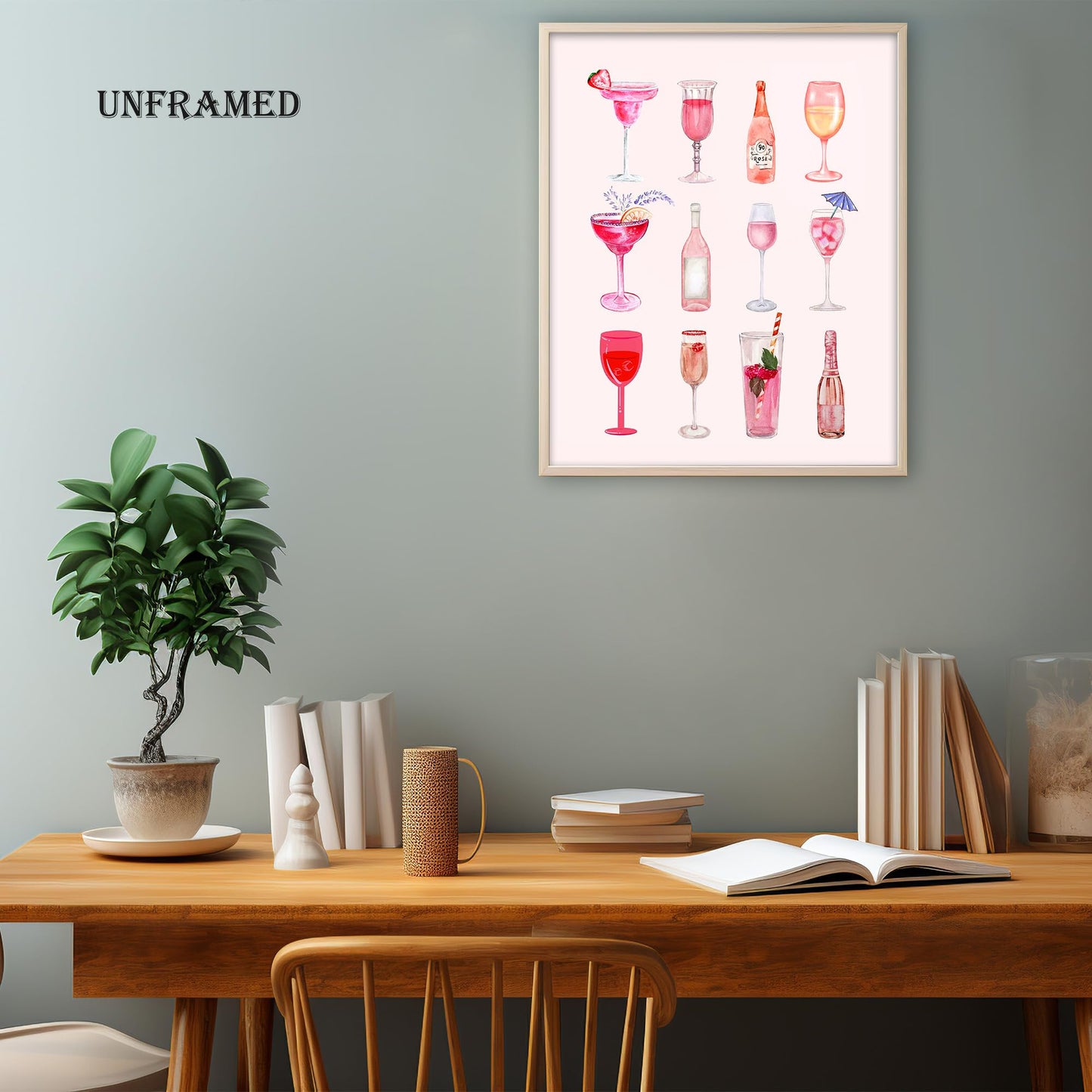 BearCake Pink Bar Wall Decor, Funky Preppy Champagne Cocktail Girly Poster Wall Art for Home Bar Cart Lounge Club Girls Room Apartment Decor Posters, 11x14 Inches UnFramed