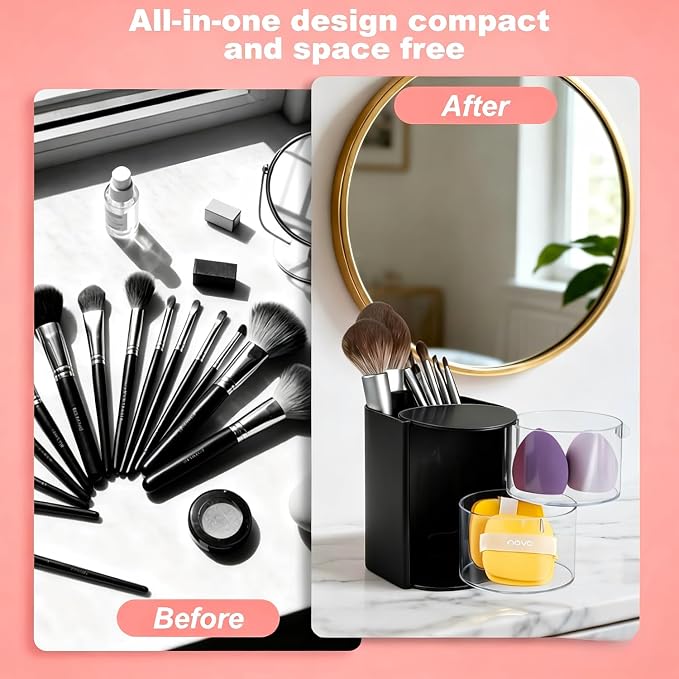Luscinia Hair Accessories Organizer with Hair Brush Holder, Rotatable Makeup Brush and Jewelry Storage Box for Hair Clips, Earrings, Necklaces, Bracelets, Rings, and Daily Accessories (Black, 2-Layer)