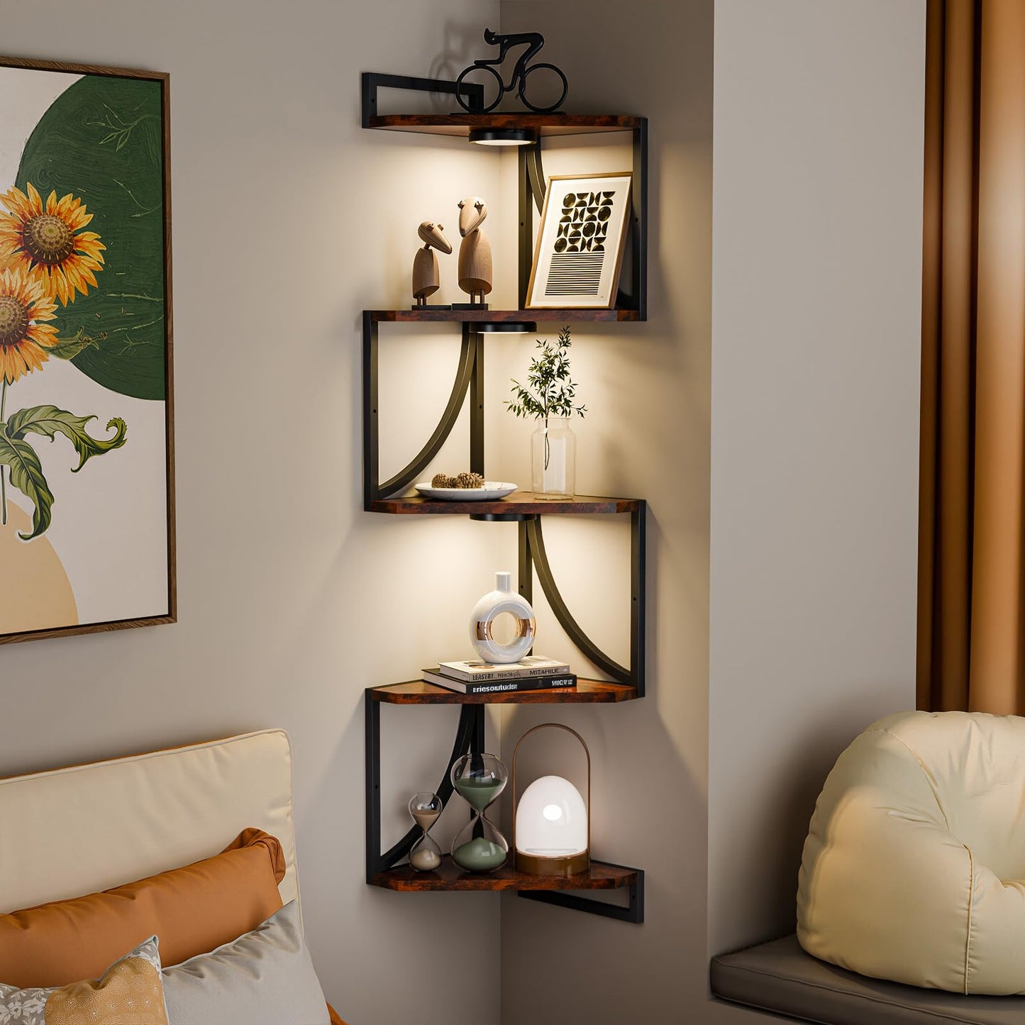 HAAYOT Corner Shelf Wall Mounted with Lights, 5-Tier Floating Metal Shelves for Living Room, Bedroom, Rustic Brown