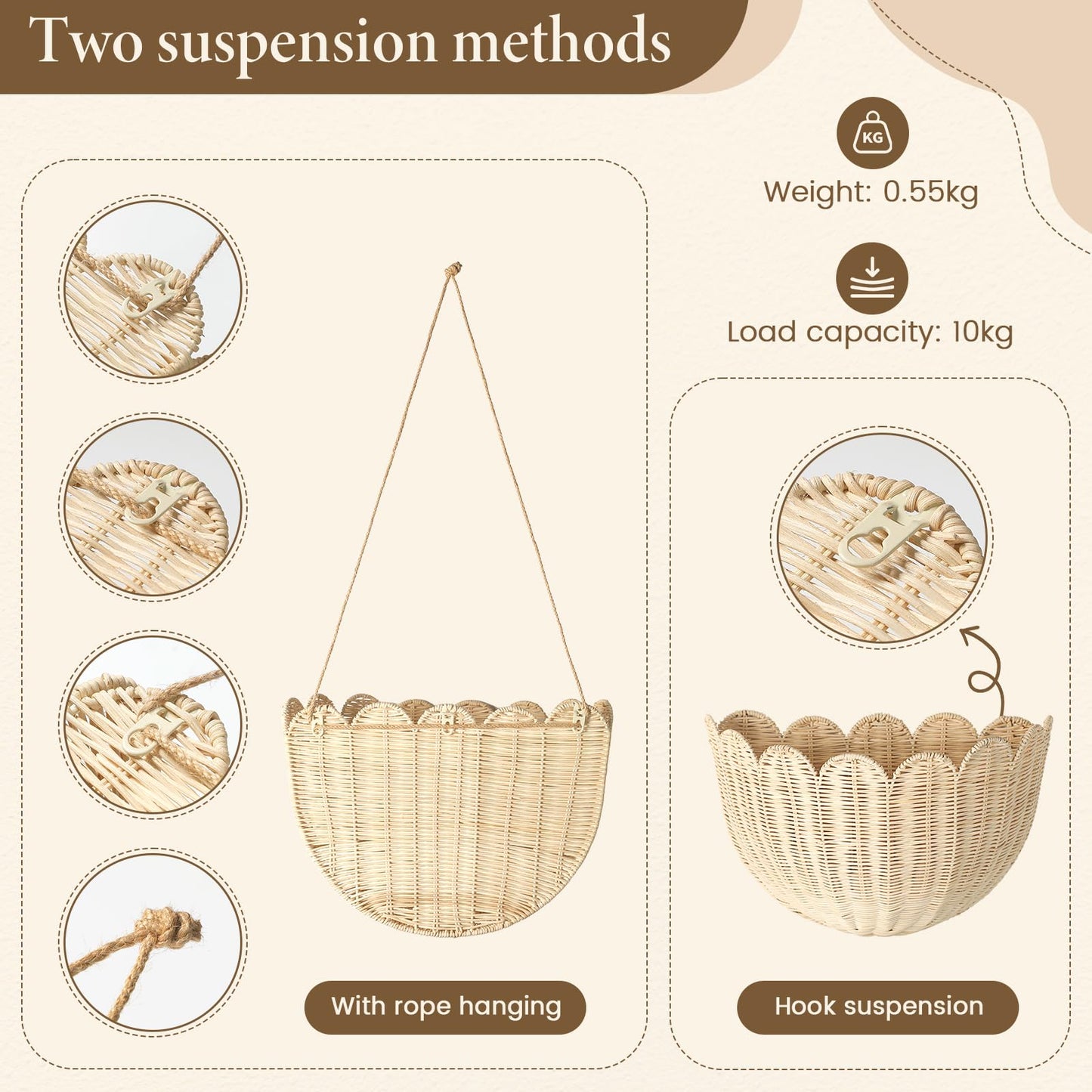 Natural Handwoven Scalloped Wall Basket Set of 2, Premium Rattan Wicker Wall Hanging Organizer for Boho Home Decor, Decorative Wall Storage for Bathroom, Entryway, Living Room & Craft Room