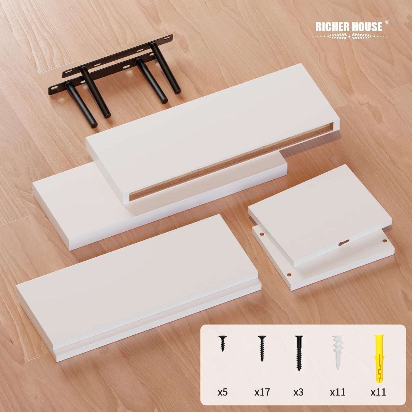 RICHER HOUSE White Floating Shelves Set of 3, Modern Bathroom Shelves Wall Mounted Shelves for Wall Decor, Over Toilet White Wall Shelves for Bathroom Bedroom, Living Room, Kitchen