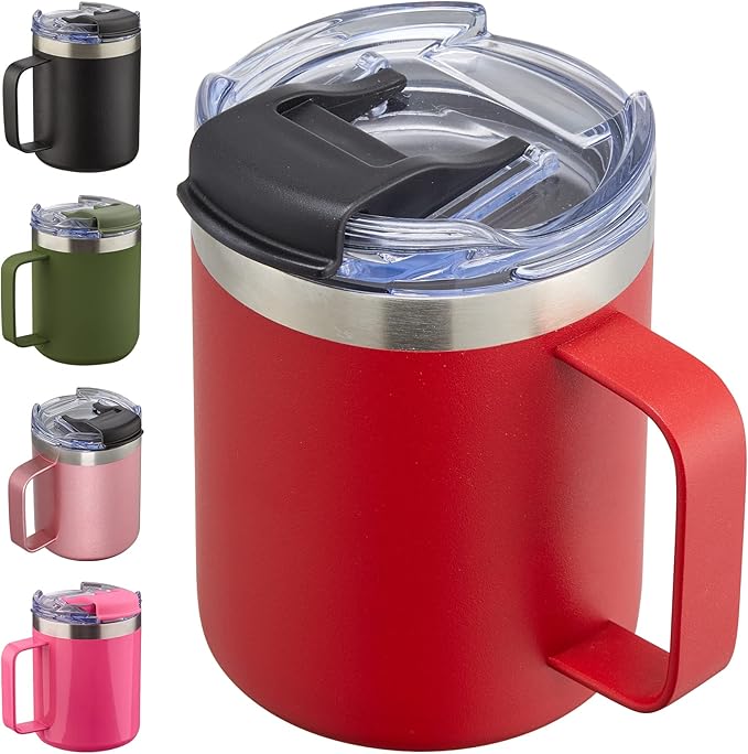 12oz Insulated Coffee Mug Cup with Handle, Stainless Steel Travel Coffee Mug with Flip Lid, Double Wall Vacuum Coffee Tumbler, Red