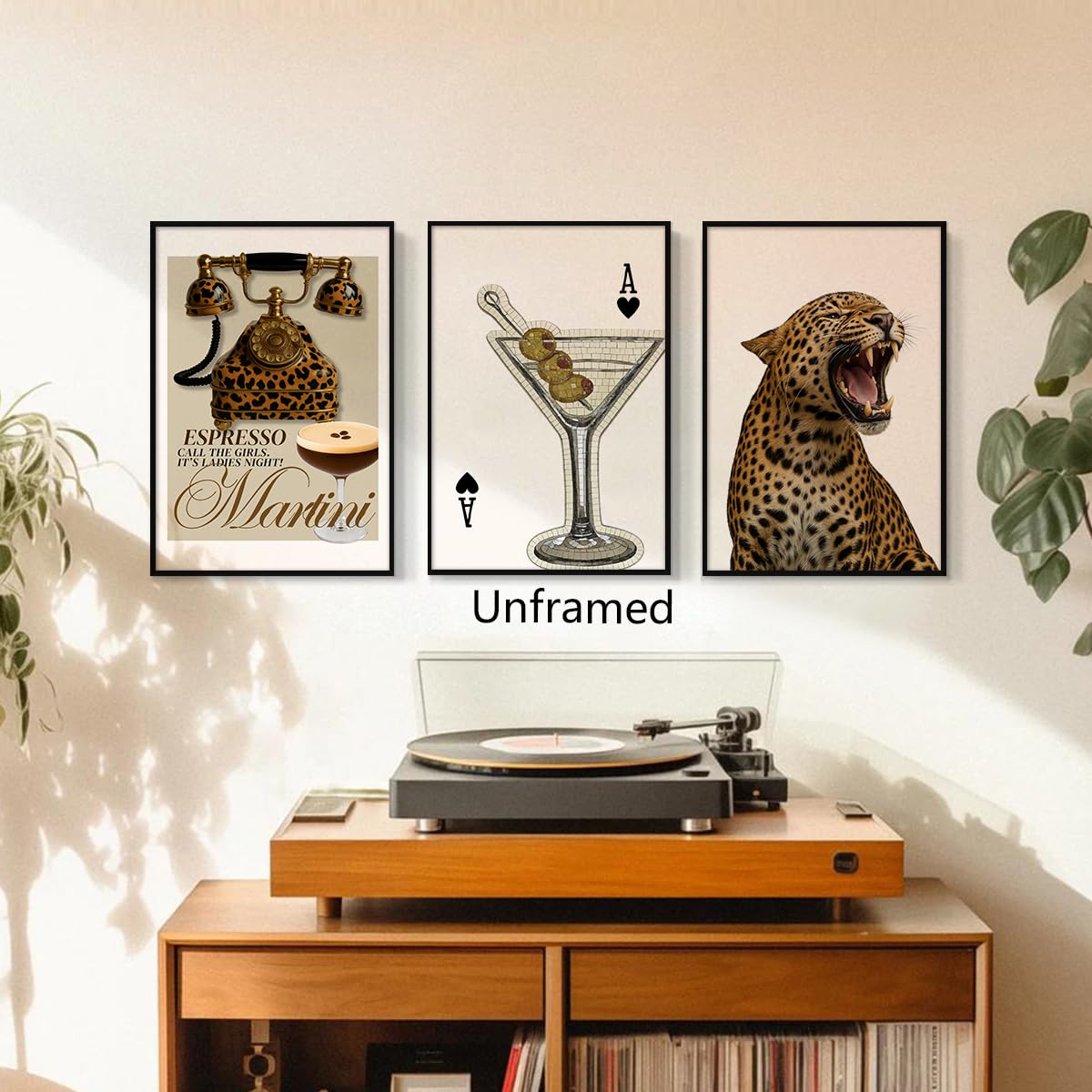 XMJJQQ Fashion Cheetah Painting Poster, Leopard Telephone & Espresso Martini Canvas Wall Art, Spade Poker Cocktail Picture Bar Cart Wall Decor, Set of 3 Chic Girly Dorm Bedroom Print 8x12in Unframed