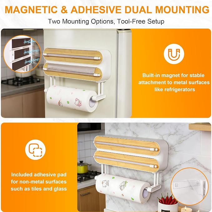 Kitchen Wrap Dispenser with Cutters Organize Aluminum Foil Plastic Wrap Wax Paper Wooden Design Storage Organizer with Easy Tear System for Countertop Pantry and Kitchen Cabinet (3in1)