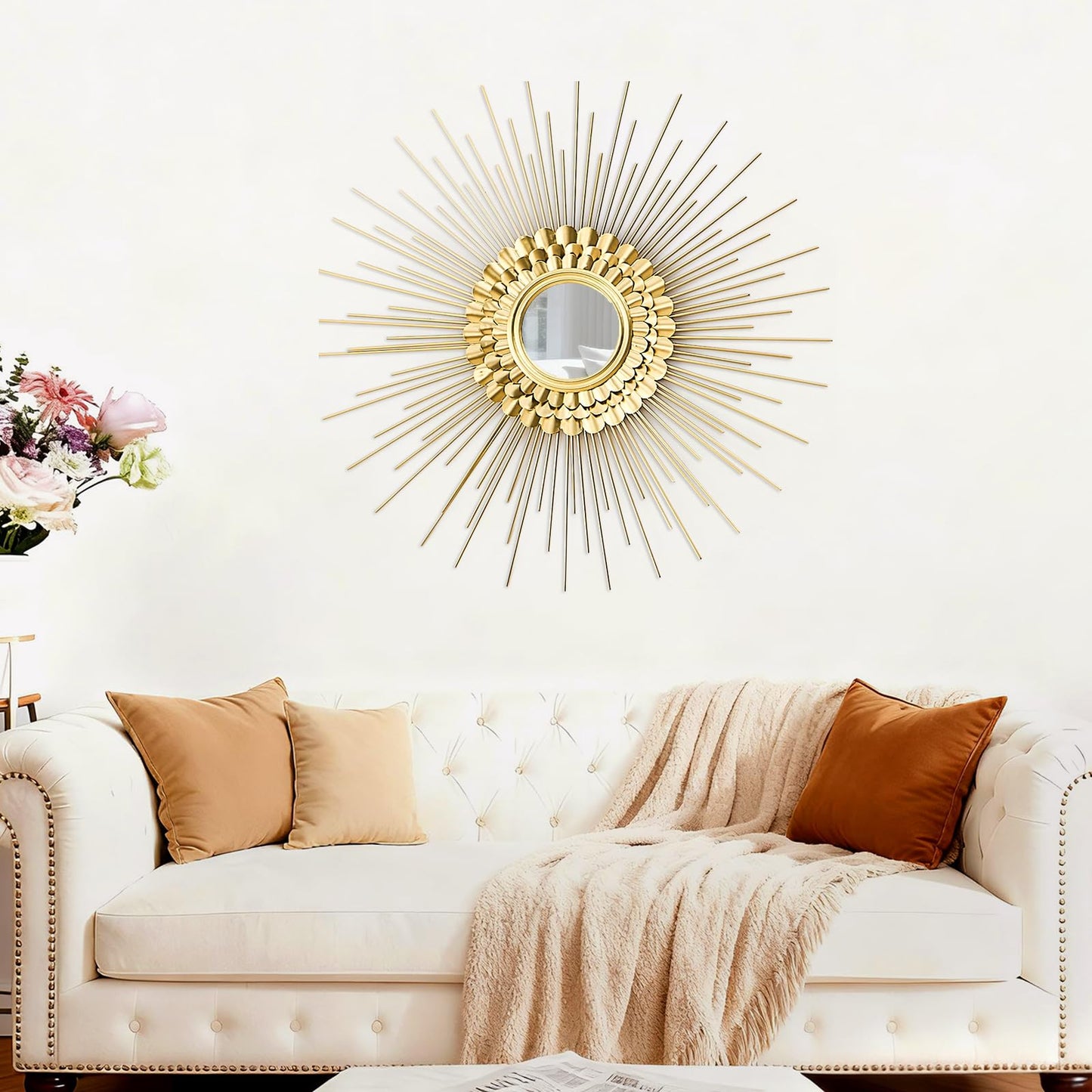 QuiltMuse Wall Decor Metal Sunburst Mirror for Living Room - Home Accent, Ready to Hang Bedroom Decoration