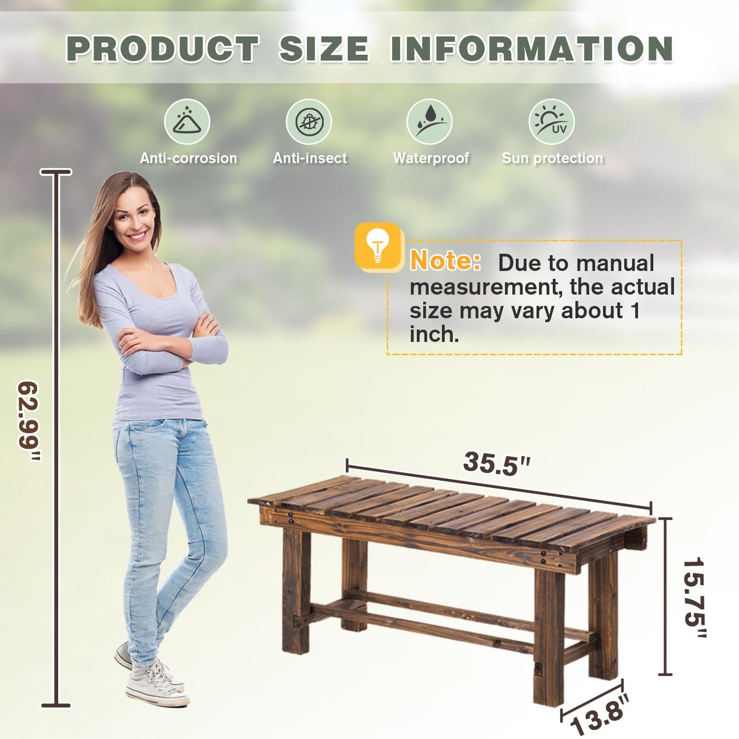 LSPYYDS Outdoor Garden Bench, 2-Person Wood Patio Bench Weatherproof Backless Bench, Anti-Corrosion and Anti-Rust for Garden Lawn Porch Park Backyard (Carbonized, 35.5''/90cm)