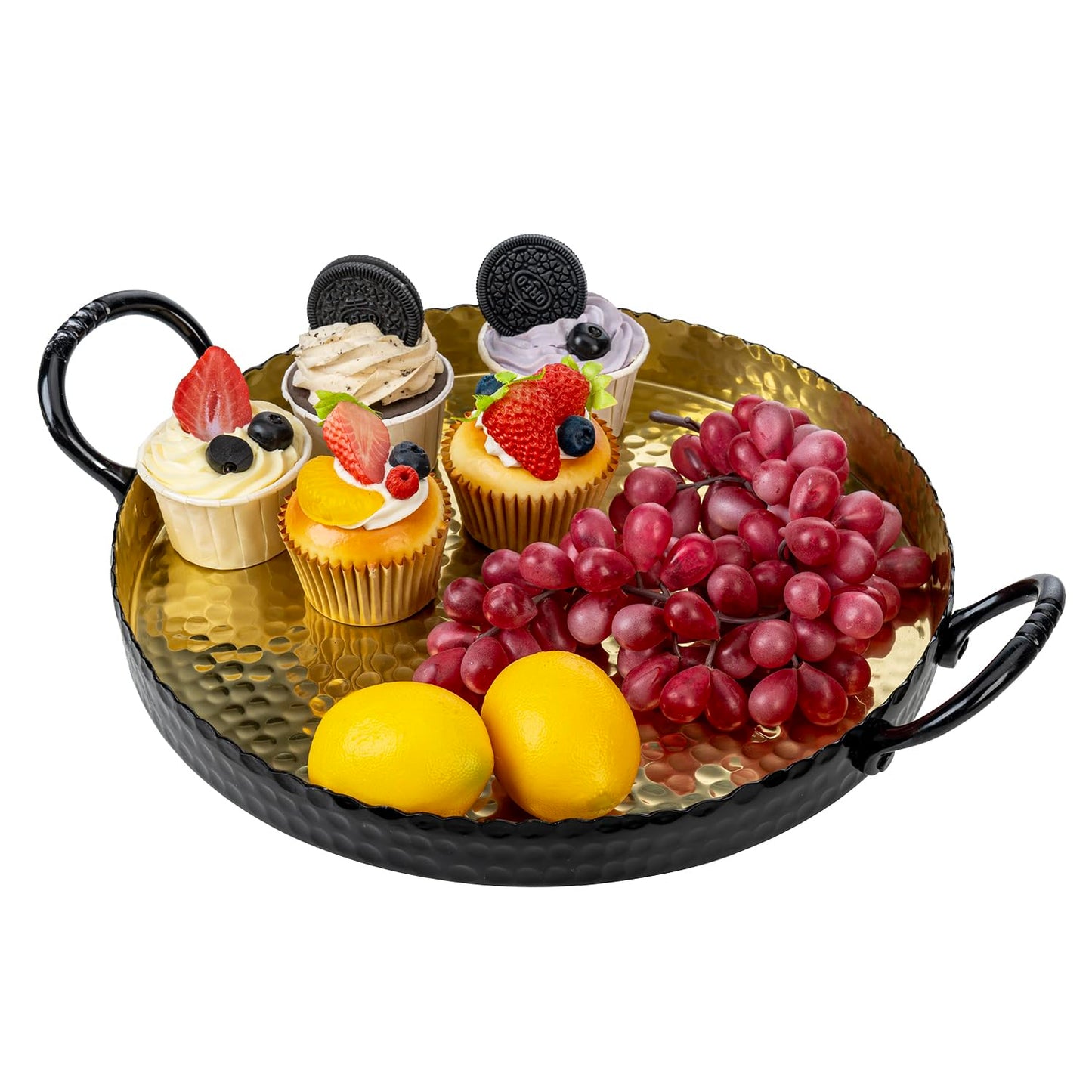 MyGift 12-Inch Black and Gold Metal Round Display Tray – Handcrafted Hammered Design Serving Platter or Tabletop Centerpiece, Handmade in India