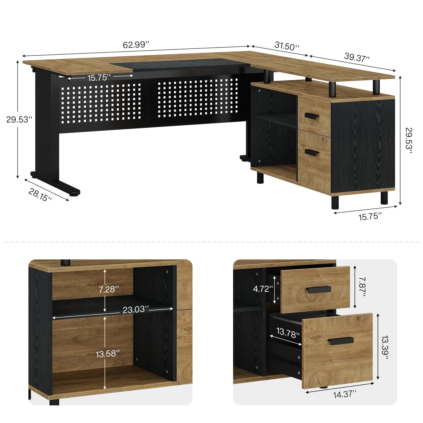 Tribesigns 63 Inch Executive Desk with File Cabinet, Large Office Desk L Shaped Computer Desk with Drawers and Storage Shelves, Business Furniture Desk for Home Office, Wood Color and Black