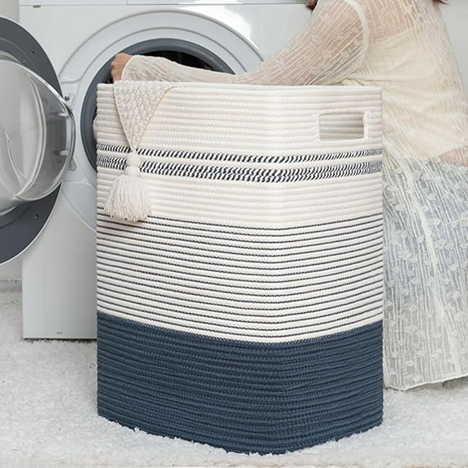80L Large Cotton Rope Laundry Basket for Bedroom & Laundry Room, Tall Clothes Hamper with Sturdy Handles, Neutral Storage Bin Capable of Holding Blankets and Toys