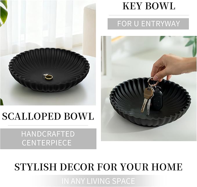 Hanobe Black Decorative Bowl Decor: Modern Ruffle Key Tray for Home Living Entryway Coffee Tables Centerpiece - Fruit Bowls for Dinning Kitchen Counter