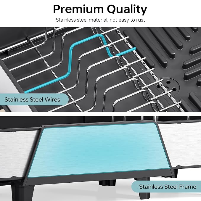 Urackify Large Dish Drying Rack - Triple Expandable Dish Rack for Kitchen Counter, Stainless Steel Sink Organization and Storage Essentials with Utensil & Pans Holder for Home and Appartment, Black