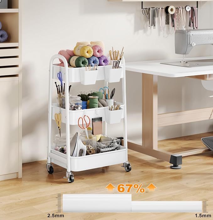 3 Tier Rolling Cart Metal with Wheels, Heavy Duty White Three Tiered Craft Cart Organizer on Wheels, Utility Roller Storage Carts for Art, Baby Nursery, Diaper Caddy, Snack,Book,Nail,Cleaning Supplies