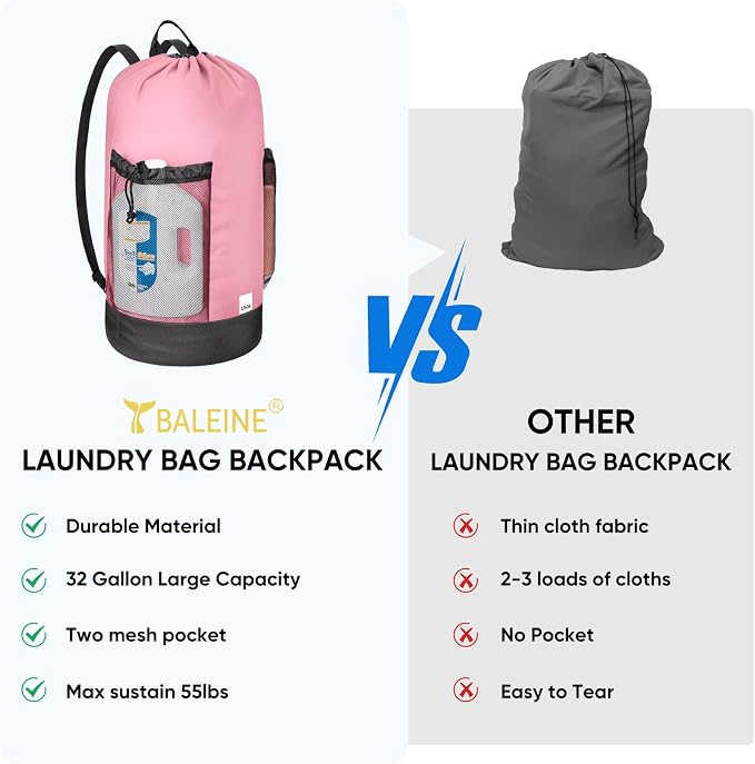 BALEINE 120L Laundry Bag Backpack, 900D Oxford Fabric Large Travel Laundry Bags with Shoulder Straps and 2 Mesh Pockets for College Dorm, Apartment, Laundromat (Pink, 120L)