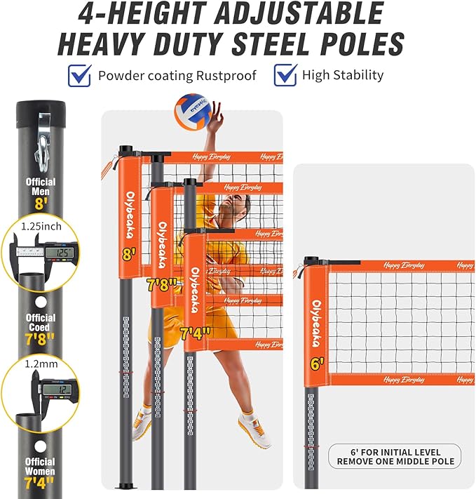 Outdoor Portable Volleyball Net Set for Backyard Beach with Adjustable Heavy Duty Poles, Durable Net, PU Volleyball & Pump, Carry Bag