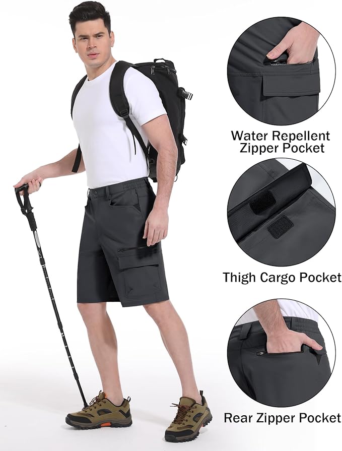 CRYSULLY Men's Hiking Cargo Shorts Outdoor Summer Lightweight Quick Dry Work Casual Shorts with 5 Zipper Pockets