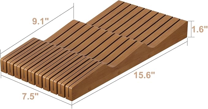 In-Drawer Knife Block Organizer - Bamboo Wood Drawer Knife Organizer-Protecting Knife Organizer Block (Not Included) (Brown, 19 Knives Dock)