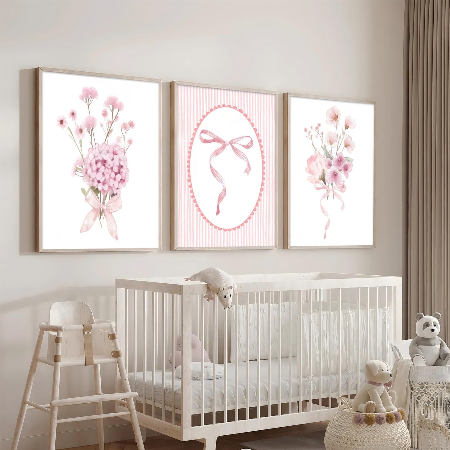 3Pcs Pink Nursery Flower Wall Art Floral Bow Wall Decor Cute Botanical Flower Pictures Coquette Aesthetic Poster Prints Girly Preppy Painting for Girls Bedroom Dorm Apartment Home 12x16 Unframed