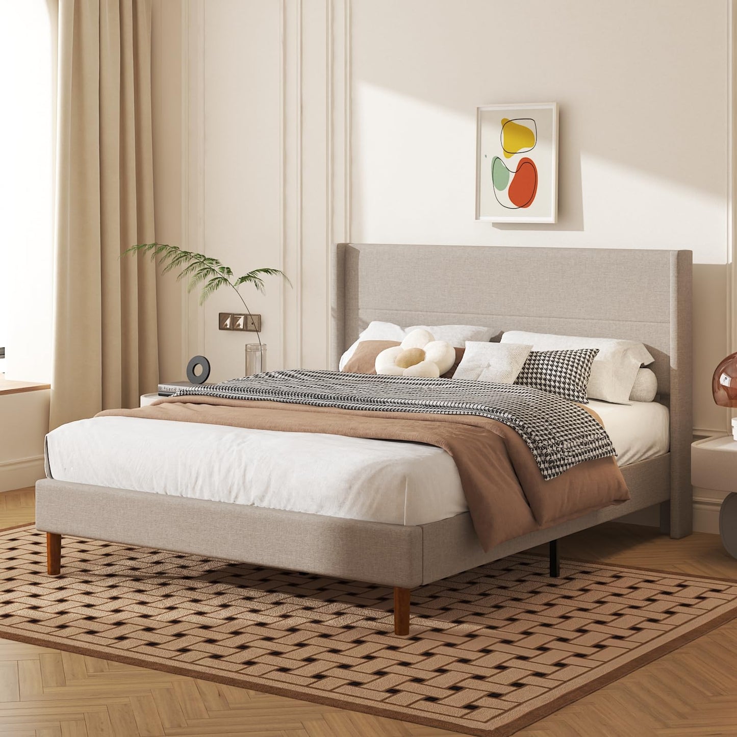 Mxhtcewz Queen Size Bed Frame, Linen Upholstered Platform with Wingback Headboard, Wooden Slats Support, No Box Spring Needed, Easy Assembly, Beige