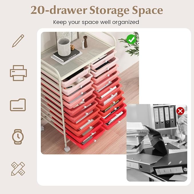 COSTWAY 20-Drawer Rolling Storage Cart, Utility Storage Organizer Cart for Tools, Scrapbook, Paper, Craft, Multipurpose Storage Trolley on Wheels for Home Office School, Mixed Pink