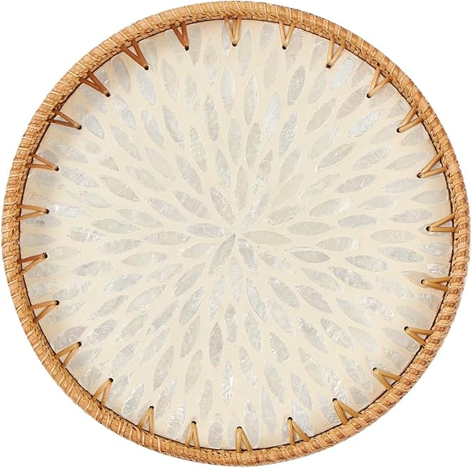 Kmelep Round Rattan Tray with Mother of Pearl Inlay, Rattan Serving Tray with Wooden Base, Decorative Wicker Basket for Table Decor, Storage and Display of Coffee Bread Food Fruit (Leaf 2)
