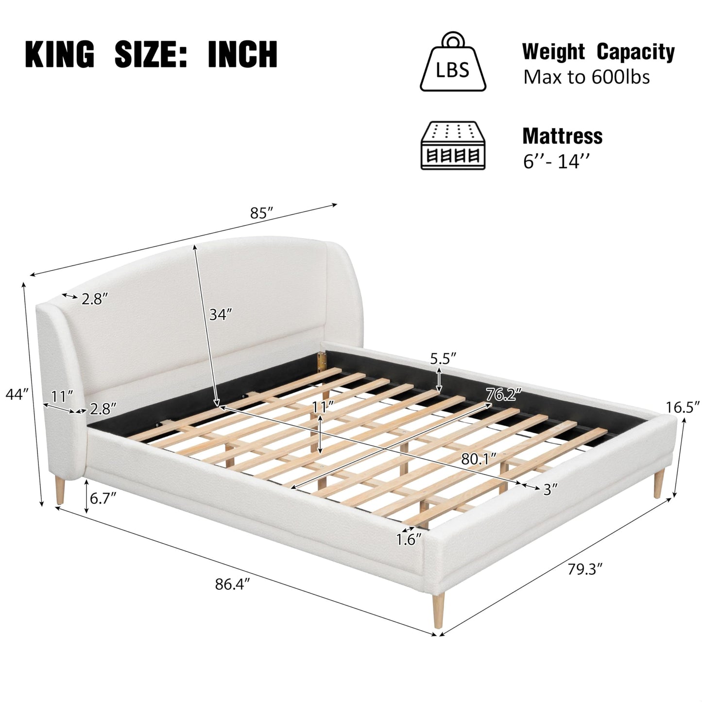 King Size Upholstered Platform Bed Frame with Boucle Fabric Wingback Headboard Solid Wood Legs No Box Spring Modern Bed Frame, White