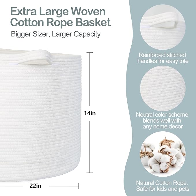 MEGASKET White Cotton Rope Storage Basket, 22" X 22" X 14" Extra Large Blanket Storage Living Room, XL Soft Toy Bin for Organizing, Woven Baby Laundry Basket with Handle, White Wicker Hamper Nursery