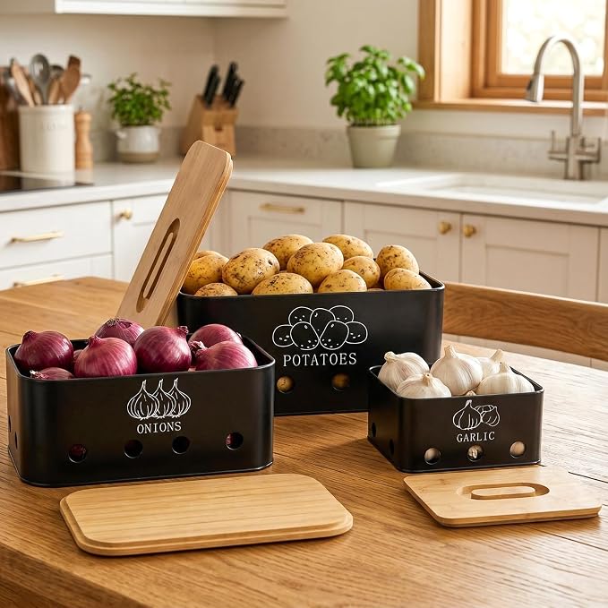 3 Pack Potato Onion Garlic Storage Set, Metal Vegetable Storage Bins with Aerating Holes Bamboo Lids, Large Capacity Kitchen Canister Black Food Container for Countertop, Pantry