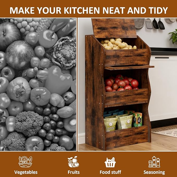 Potato and Onion Storage Bin with Lid, Root Vegetable Storage Rustic Bread Box for Kitchen Pantry, Wooden Bread Cabinet Fruit Storage Rack,Brown