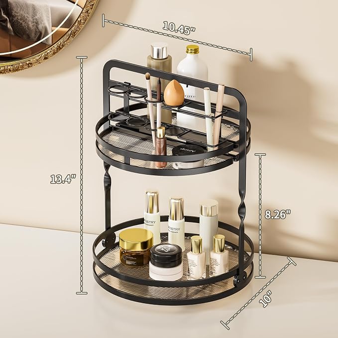 360° Rotating Makeup Organizer, 2-Tier Black Perfume Organizer for Dresser, Bathroom Organizers Countertop, Perfume Shelf with Makeup Brush Holder, Skincare Holder Cosmetic Display(Black)
