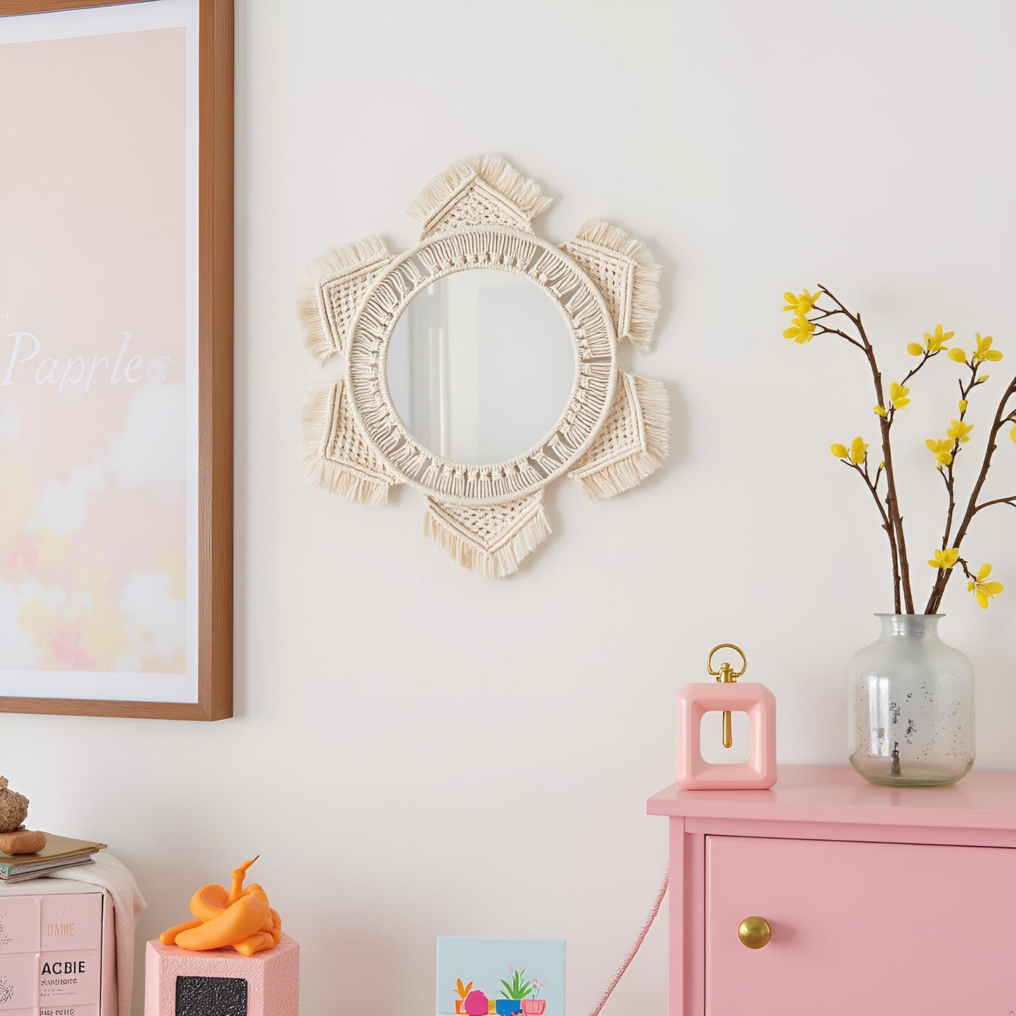 Mkono Boho Wall Mirror Decor Round Macrame Hanging Wall Art Decoration for Bedroom Nursery Living Room Apartment Office Entryways Home, Teen Girl Mothers Gift, Ivory
