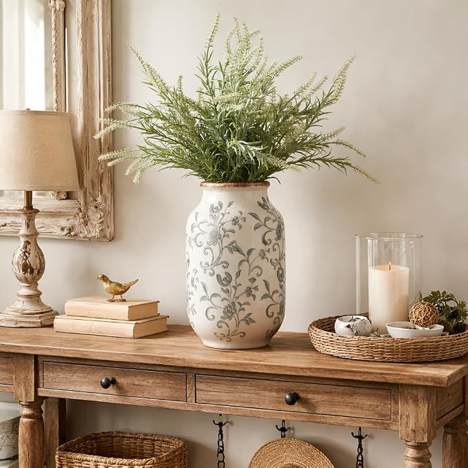 SIDUCAL Ceramic Vintage Vase, 8.78 Inch Chinoiserie Floral Vase, Retro Ice Cracked Rustic Farmhouse Vases for Home Decor, Living Room, Bookshelf, Office, Tuscan Decor, Gray Floral Pattern