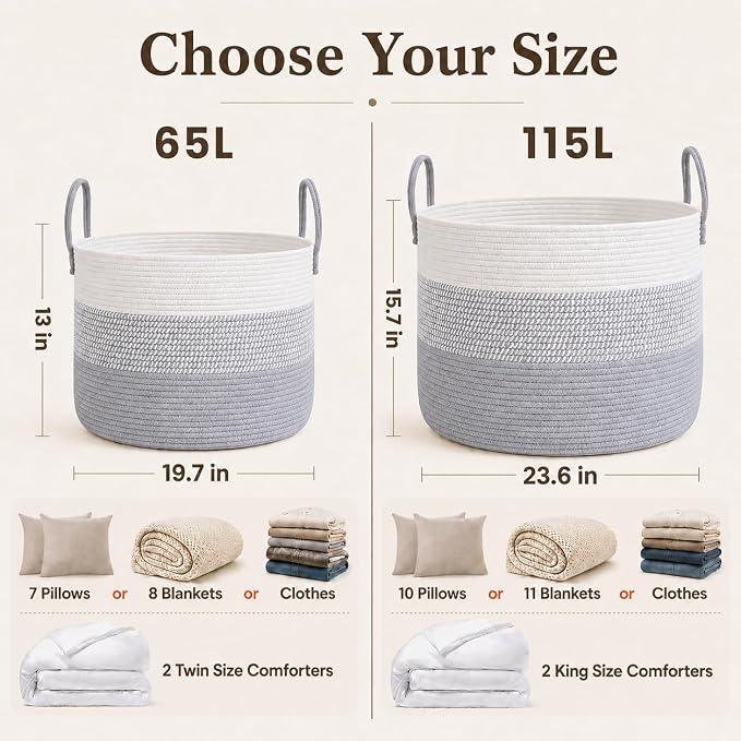 JMvicyroam 115L Extra Large Blanket Basket for Living Room - Woven Cotton Rope Laundry Hamper with Reinforced Handles - Storage Bin for Pillows, Comforters & Toys - Machine Washable,White&Grey Mix