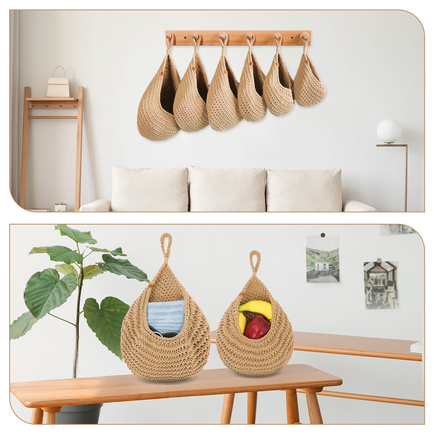 LOCS MICRAI Hanging Fruit Baskets for Kitchen - 6 Pack Boho Wall Hanging Basket,Handwoven Wall Fruits Basket,for Garlic Potato Vegetable Onion Teardrop Home Hanging Storage Baskets(Brown Classic)