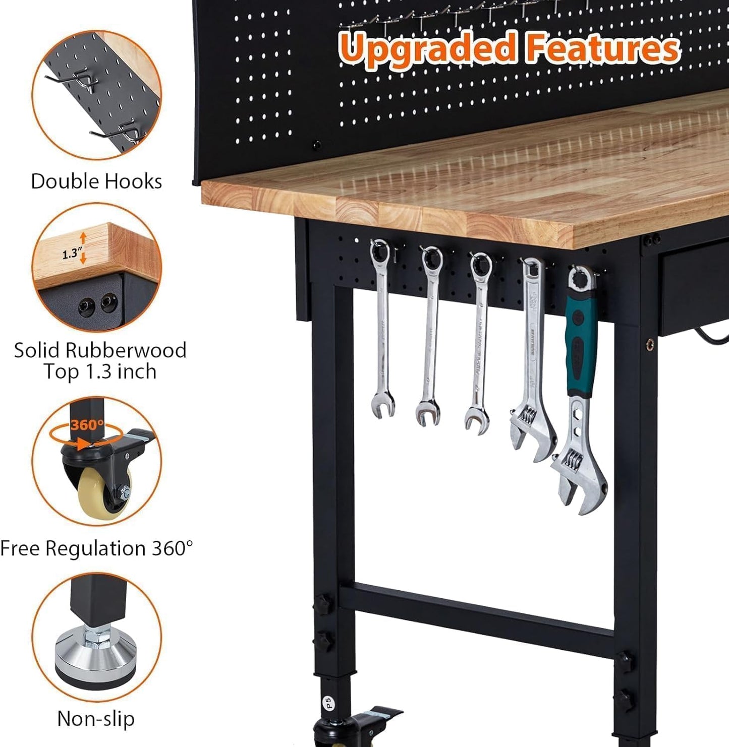 Adjustable Workbench for Garage, 48" Heavy Duty Rolling Work Bench with Power Outlet & Storage Drawer, 2000 LBS Capacity Solid Wood Top Shop Table for Workshop Home Office